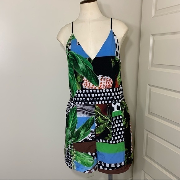 CLOVER Canyon Multi Media Colorful Tropical Print Flowy Shorts Romper V Neck L - Picture 7 of 11